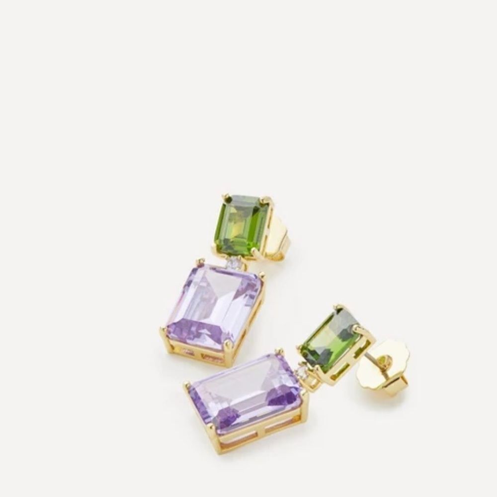 Kenneth Jay Lane Gold-tone Green and Lavender Rectangular Crystal Drop Earrings